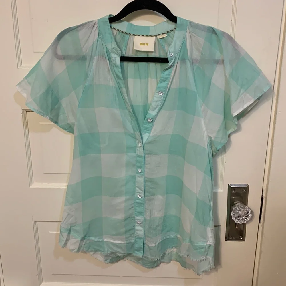 Anthropologie Maeve Short Sleeve Gingham Flutter Top in Mint Sz XS - Picture 2 of 9